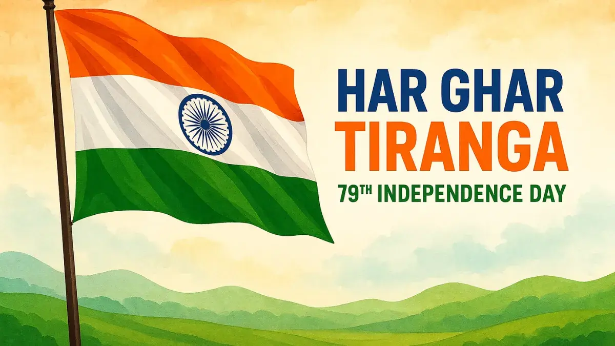 हर घर तिरंगा 2025 के तहत घरों पर तिरंगा फहराते हुए लोग अपनी सेल्फी लेते हुए, देशभक्ति का उत्साह दर्शाते हुए।